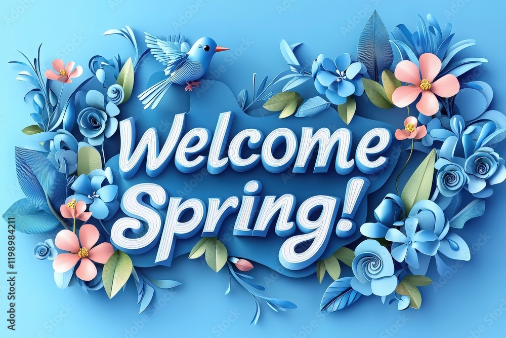 A bright and lively arrangement features various flowers and a small blue bird against a blue backdrop. The words Welcome Spring! are prominently displayed, evoking a festive atmosphere.