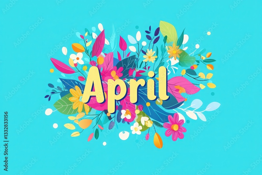A bright and lively arrangement of various flowers and leaves showcases the month of April. The design features an array of colors including pink, yellow, and blue, creating a cheerful ambiance.