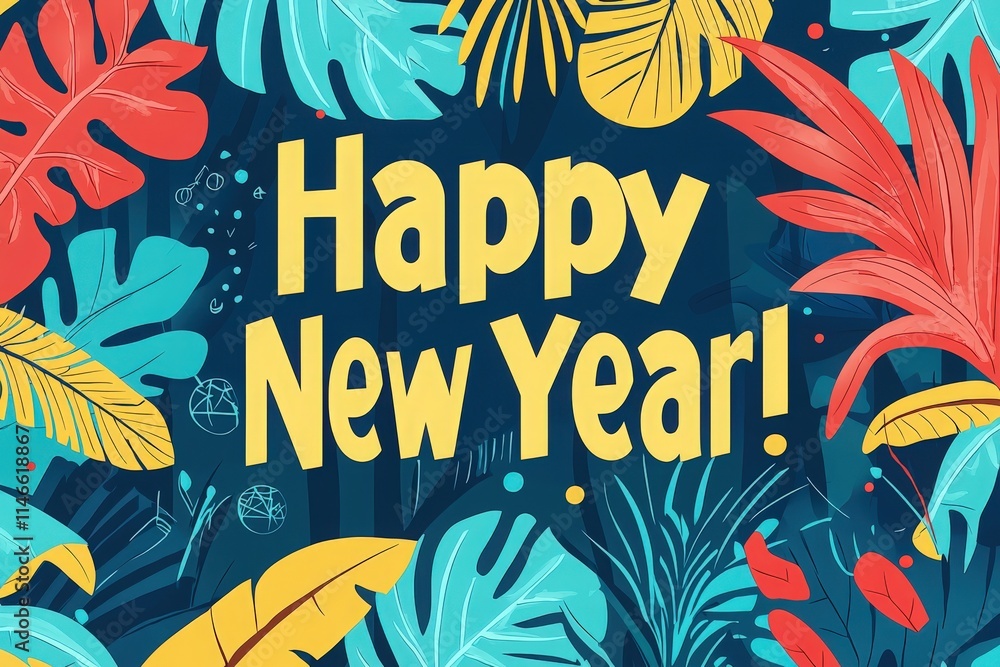 A bright and lively design features Happy New Year! surrounded by colorful tropical leaves. The bold text stands out against a dark background, creating a festive atmosphere.