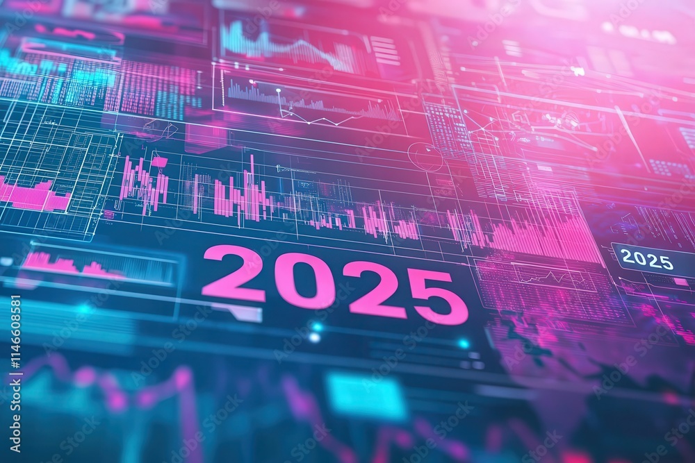 A bright and modern visualization showcases market trends and projections for 2025. Graphs, data points, and numbers blend to create an engaging, futuristic atmosphere for financial analysis.