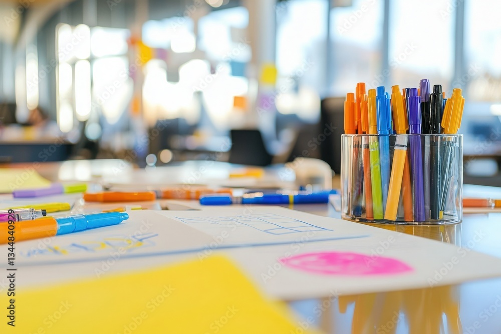 A bright and organized workspace features a glass container overflowing with colorful markers. Various sketches and notes are spread across the table, indicating a lively brainstorming session.