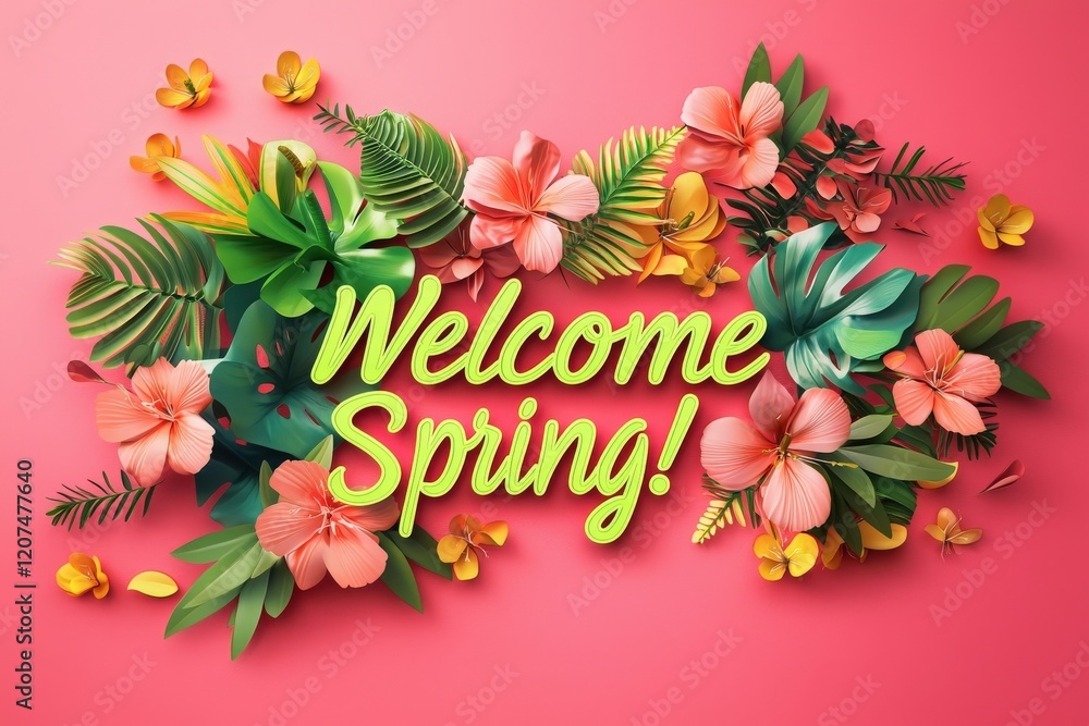 A bright arrangement of tropical flowers and lush greenery displays a cheerful message celebrating spring. The vibrant colors evoke warmth and joy, inviting the seasons beauty.