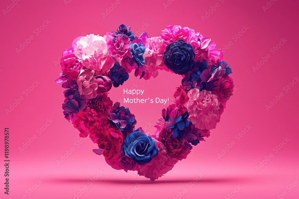 A bright arrangement of various flowers forms a heart shape against a pink background, symbolizing love and appreciation for Mothers Day, creating a joyful and festive atmosphere.