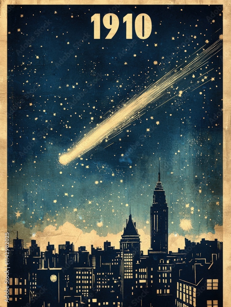 A bright comet illuminates the night sky above a vintage city skyline. Stars twinkle as the comet trails through the dark blue atmosphere, creating a mesmerizing view reminiscent of 1910.
