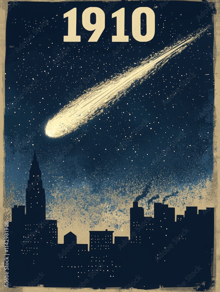 A bright comet streaks across a dark night sky, illuminating a city skyline with tall buildings. Stars twinkle around the celestial body, creating a captivating view.