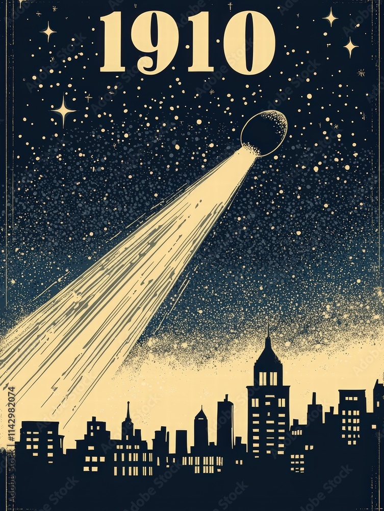 A bright comet streaks across a night sky filled with stars, casting light over a silhouetted city skyline from 1910. The buildings create an iconic urban landscape below.
