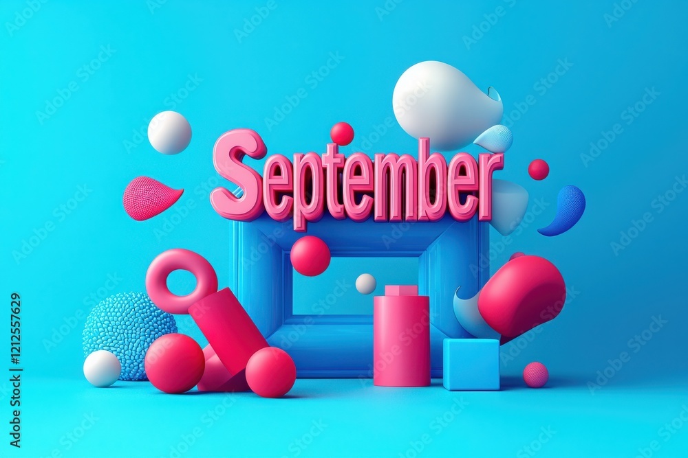 A bright composition features the word September in bold pink letters surrounded by various colorful geometric shapes.