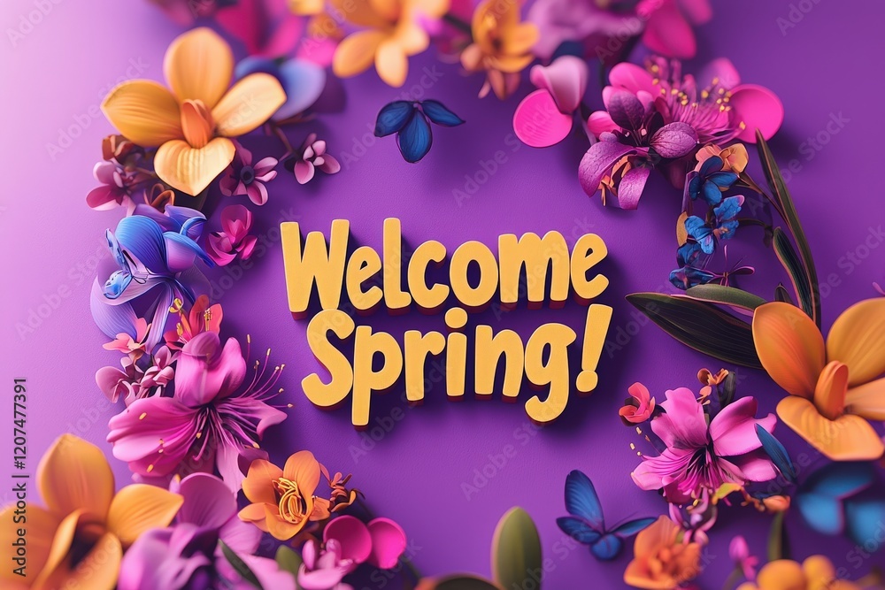 A bright display of various flowers and butterflies frames a cheerful welcome spring message. The background is a vivid purple, enhancing the lively colors of the spring blooms.