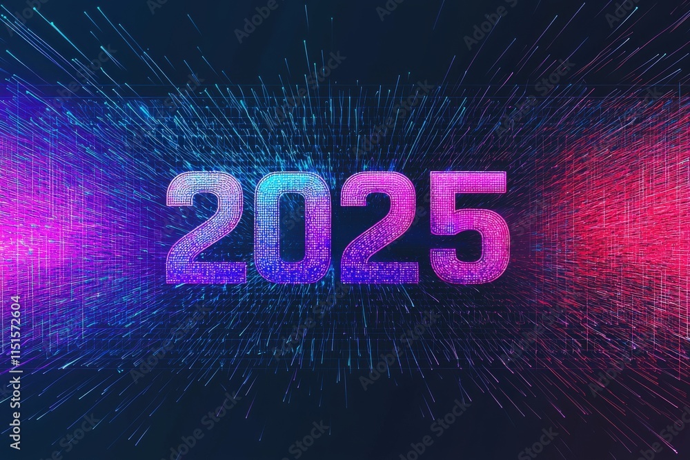 A bright display showcases the number 2025, surrounded by radiant light trails in purple and blue. This visual evokes a futuristic atmosphere, celebrating the upcoming new year.
