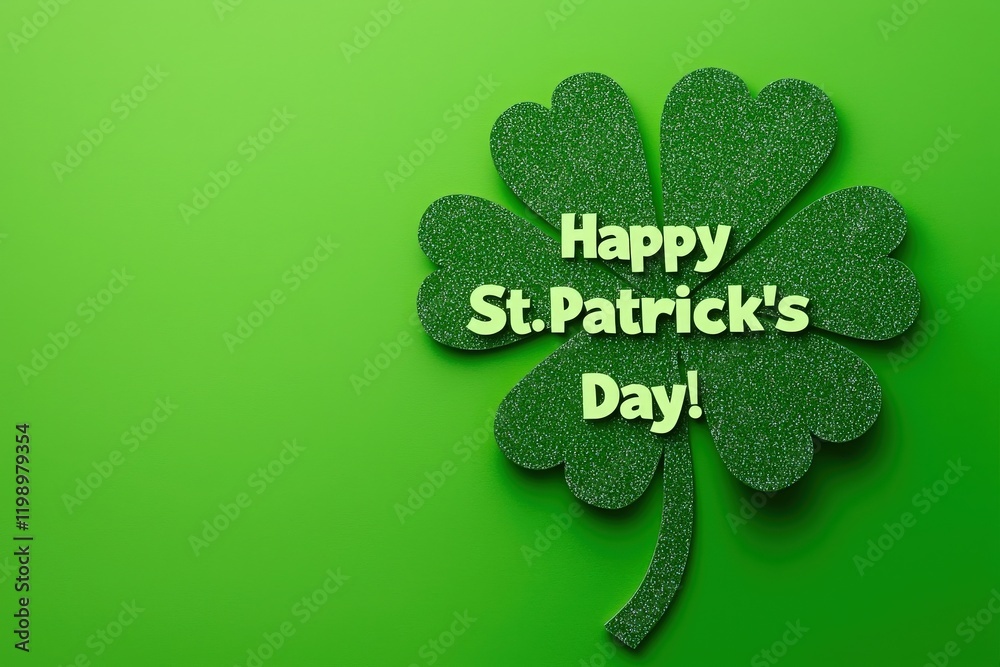 A bright green background features a glittery shamrock design with the message Happy St. Patricks Day. This decoration is perfect for celebrating the holiday and its traditions.