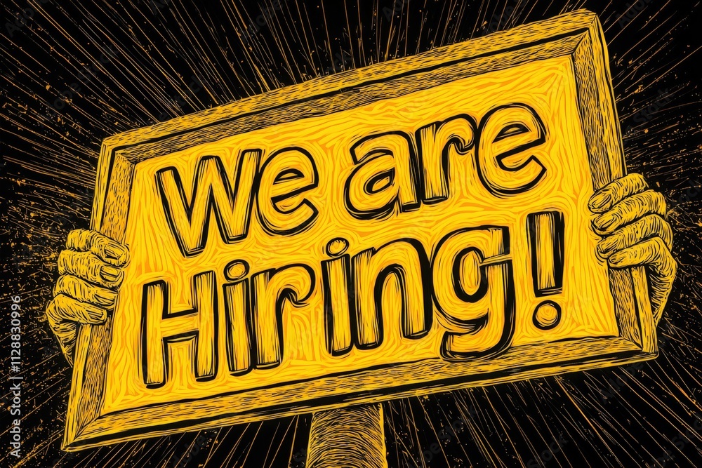 A bright, illustrated sign features the phrase We are Hiring! held up by two hands. The design uses bold typography and radiates an energetic vibe, emphasizing job opportunities.