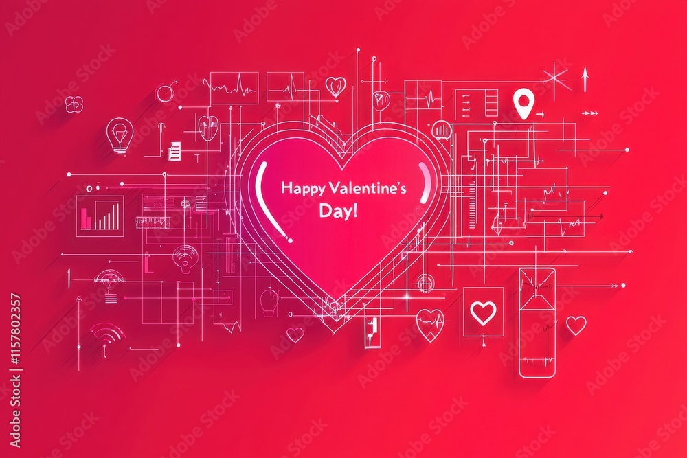 A bright red background displays a heart shape filled with digital icons and symbols, conveying a festive Valentines Day theme. The text Happy Valentines Day! is prominently featured.