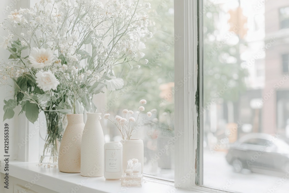 A bright window features a charming arrangement of white flowers in clear vases, complemented by simple decorative objects. Soft natural light enhances the inviting atmosphere.