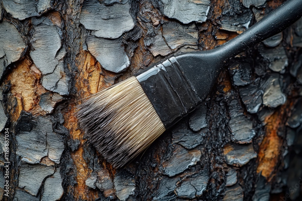 A brush is being used to apply protective treatment on the rough bark of a tree, demonstrating careful restoration work. The process highlights the importance of tree maintenance.