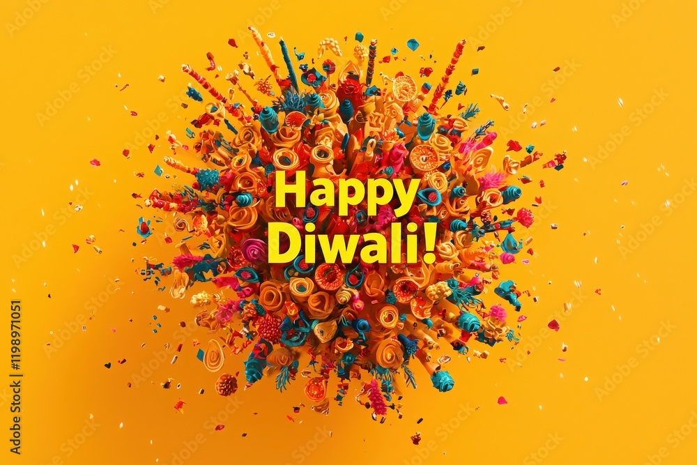 A burst of colorful decorations celebrates Diwali with bright shades of orange, blue, and pink. The joyful display includes intricate patterns and festive elements, enhancing the holiday spirit.