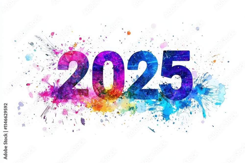 A burst of colorful splashes surrounds the bold numeral 2025, creating an artistic and lively display. This design uses vibrant hues to symbolize creativity and a fresh start.