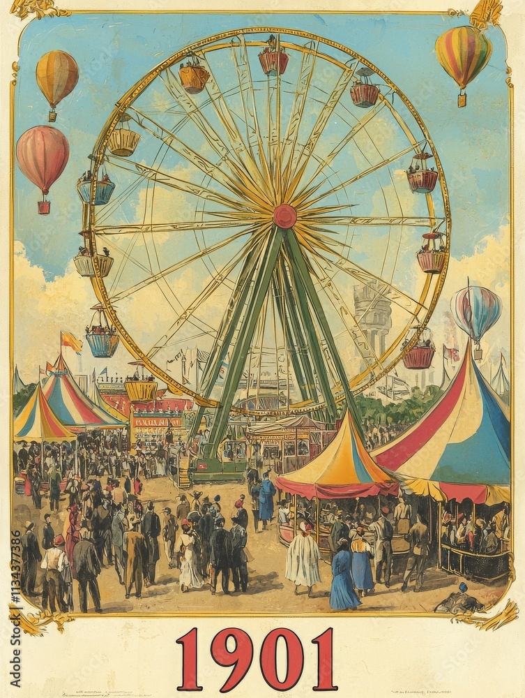 A bustling carnival scene showcases a towering ferris wheel surrounded by colorful tents and hot air balloons in the sky. People gather in excitement during the festivities of 1901.