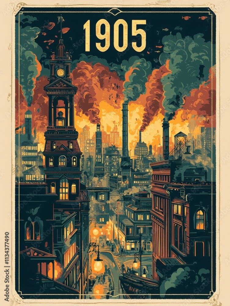 A bustling city in 1905 showcases vintage architecture, glowing windows, and industrial smokestacks emitting smoke against a dusky sky, reflecting a vibrant urban atmosphere.