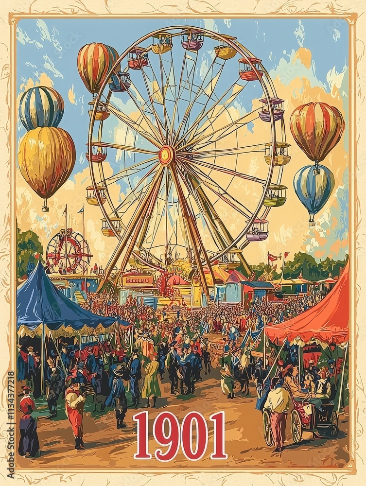 A bustling festival from 1901 features a large ferris wheel, colorful hot air balloons, and lively crowds. Families enjoy various attractions under colorful tents, creating a festive atmosphere.