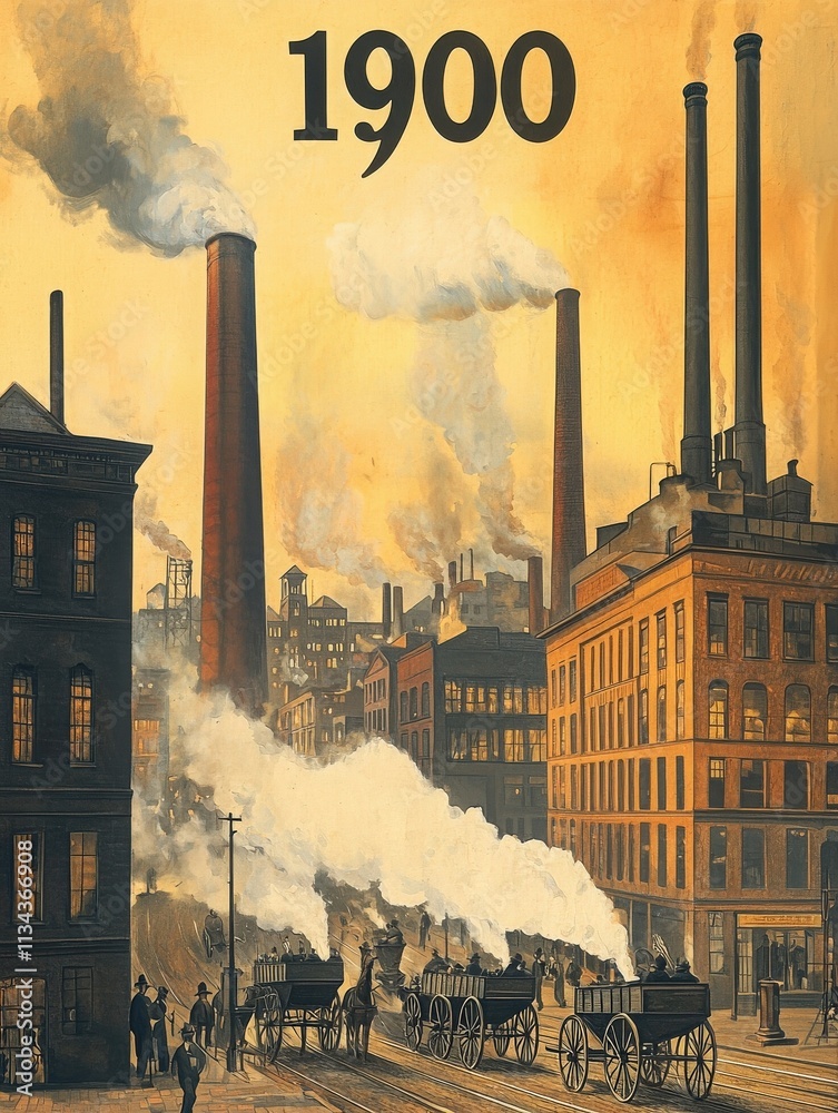 A bustling industrial city in 1900 features steam-powered vehicles on the street. Tall smokestacks emit smoke, while workers and pedestrians navigate the lively atmosphere.