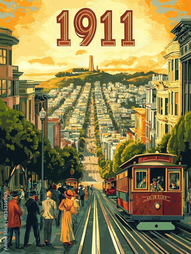 A bustling streetcar travels along a steep track in San Francisco as people stroll on the sidewalks. The sun sets behind the hills, casting a warm glow over the historic streets.