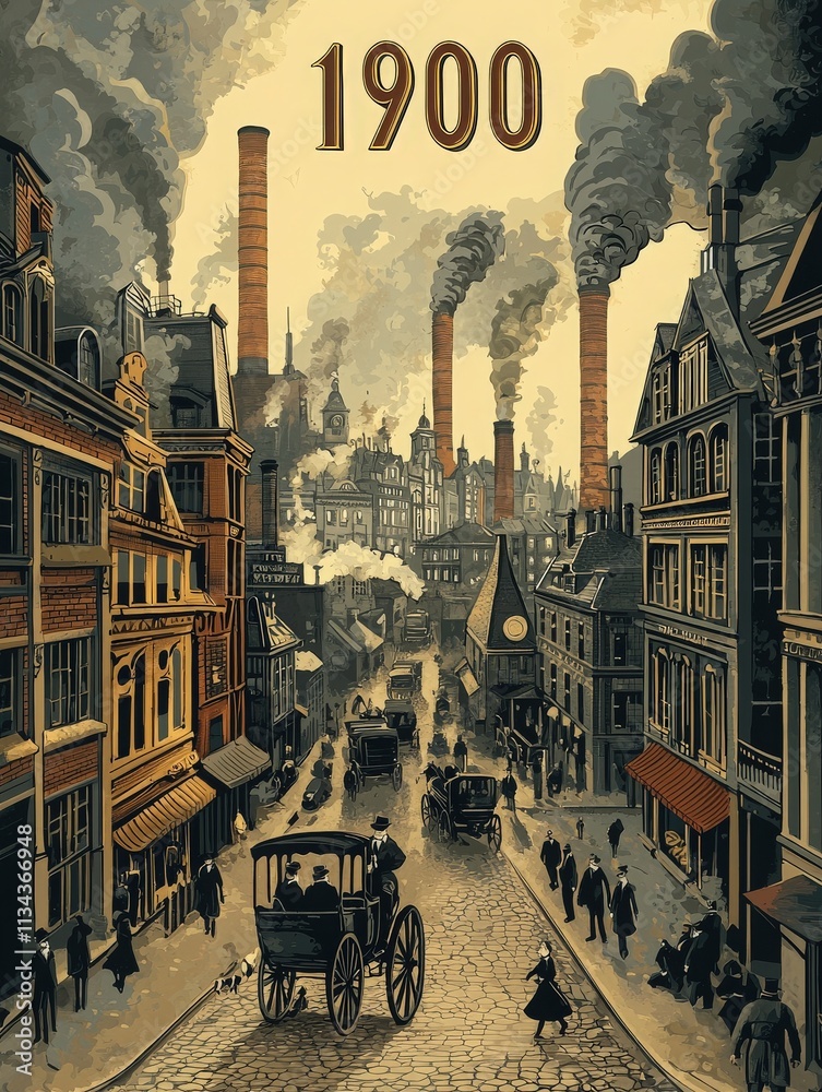 A bustling urban scene from 1900 shows horse-drawn carriages on a cobblestone street. Tall smokestacks release smoke into the sky, surrounded by brick buildings and a lively crowd.