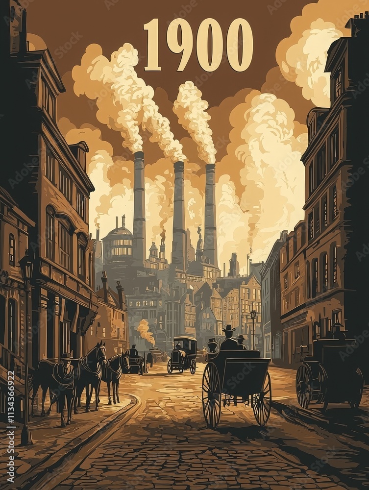 A bustling urban street from 1900 showcases horse-drawn carriages amid factory smoke. Tall smokestacks rise in the background as people navigate the cobbled road, reflecting the industrial age.