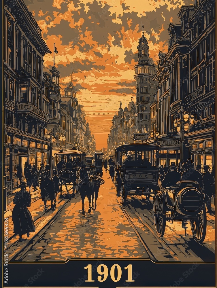 A bustling urban street in 1901 features horse-drawn carriages, pedestrians in period attire, and ornate buildings. The setting sun casts a warm glow over the cobblestone road filled with activity.