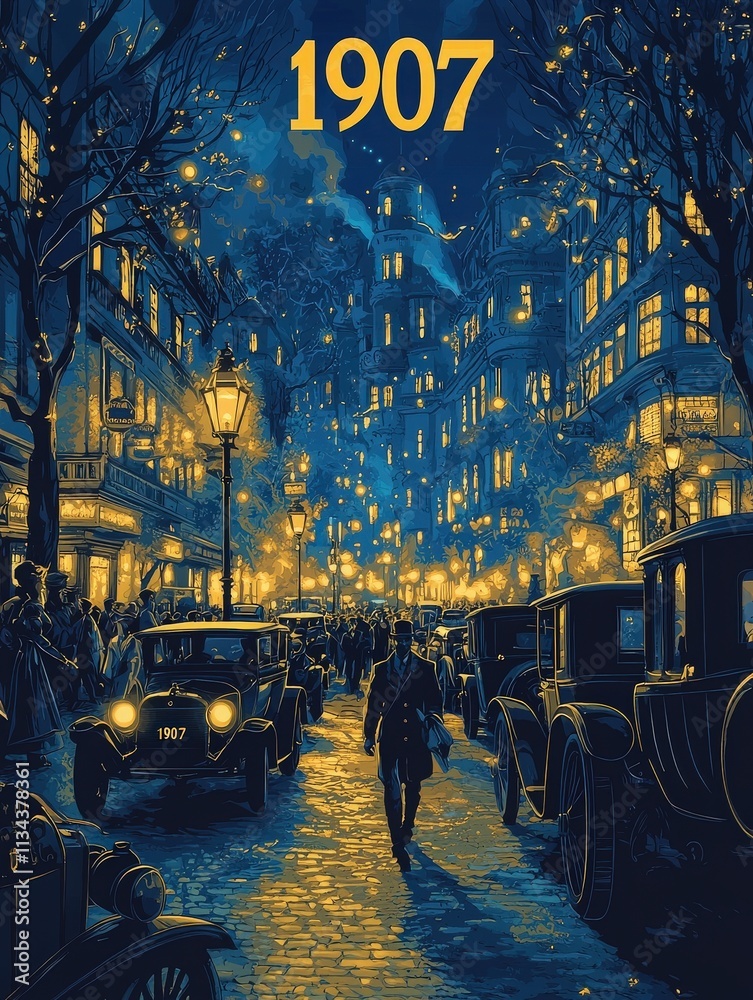 A busy city street in 1907, illuminated by lampposts. People stroll along the cobbled path, surrounded by classic cars. Warm lights reflect on buildings, creating a lively atmosphere.