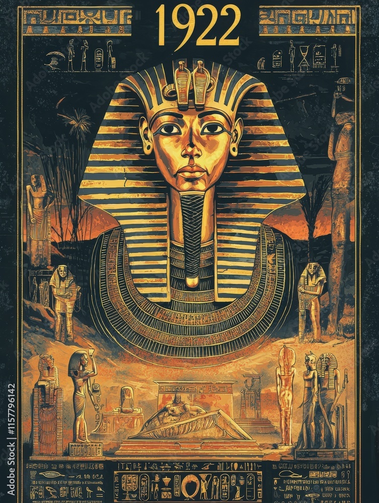 A captivating artistic representation showcases the grandeur of ancient Egypt, featuring a pharaohs mask and hieroglyphs. The work emphasizes historical significance and cultural richness.