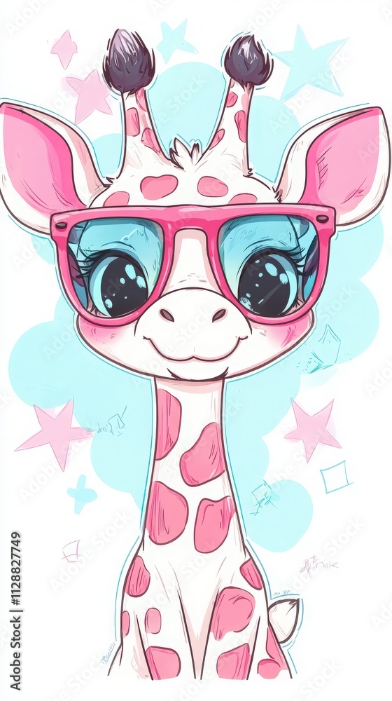 A cartoon giraffe with big blue eyes and pink sunglasses smiles charmingly. Its unique features include pink spots and a joyful demeanor, set against a light pastel background.