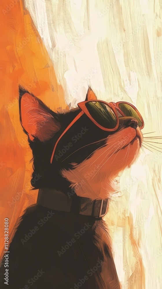 A cat with black and white fur, wearing stylish sunglasses, looks upward with confidence. The warm tones of the background enhance the playful and relaxed vibe of this scene.