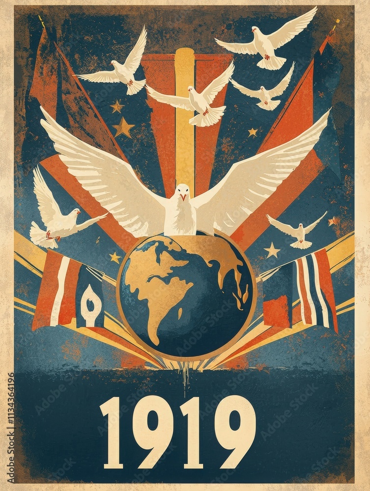 A central dove symbolizes peace above a globe surrounded by flags and rays of light. This artwork captures the spirit of hope and unity in the year 1919, following World War I.