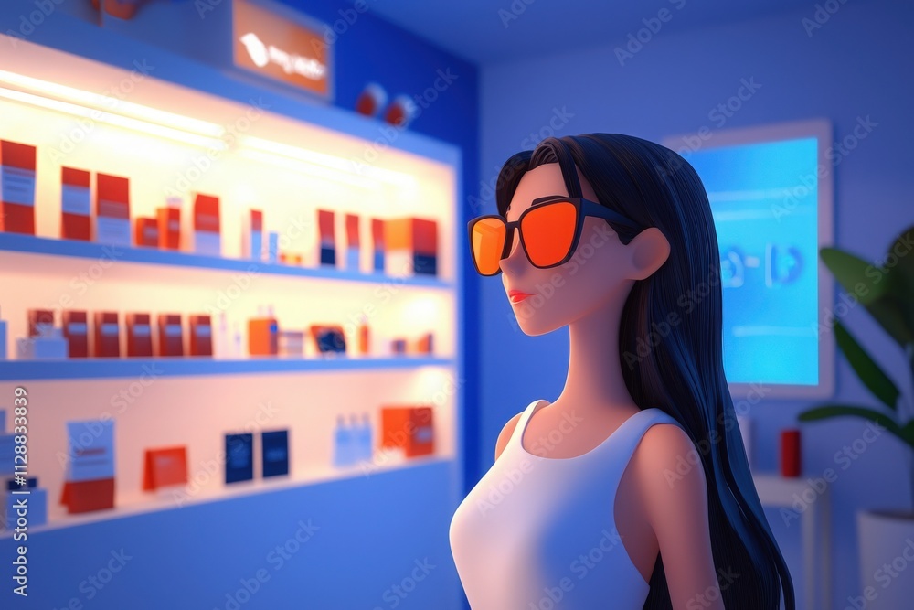A character with long hair wears trendy sunglasses while exploring a contemporary retail space filled with skincare and cosmetic products. The vibrant setup highlights the brands offerings.