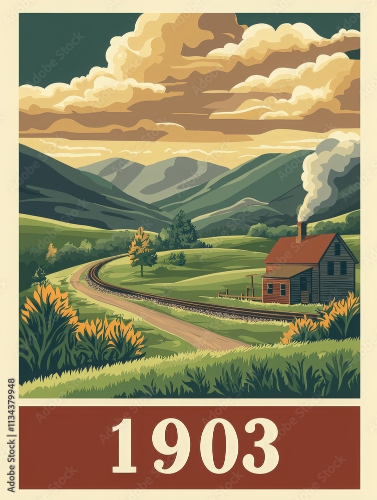 A charming countryside view features a vintage wooden house with smoke rising from the chimney, set against rolling green hills and dramatic clouds. A railway track winds through the landscape.