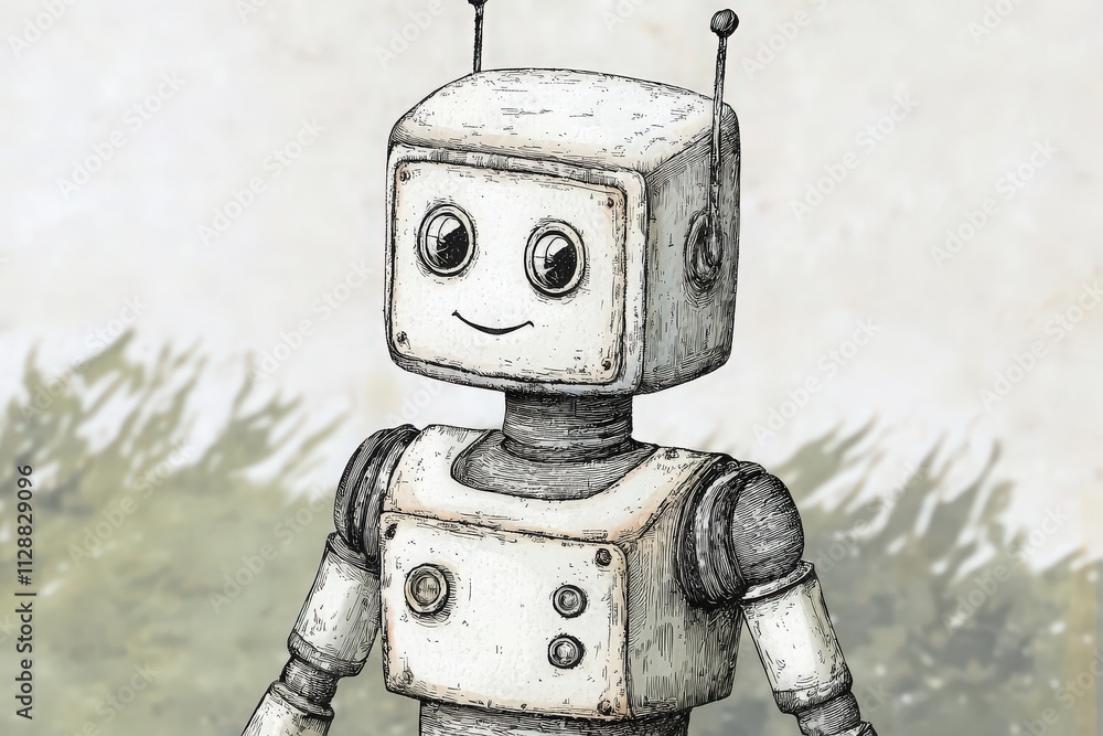 A charming robot stands smiling, showcasing its friendly design. The background features soft greenery, creating a whimsical atmosphere. The robots vintage look adds character to the scene.