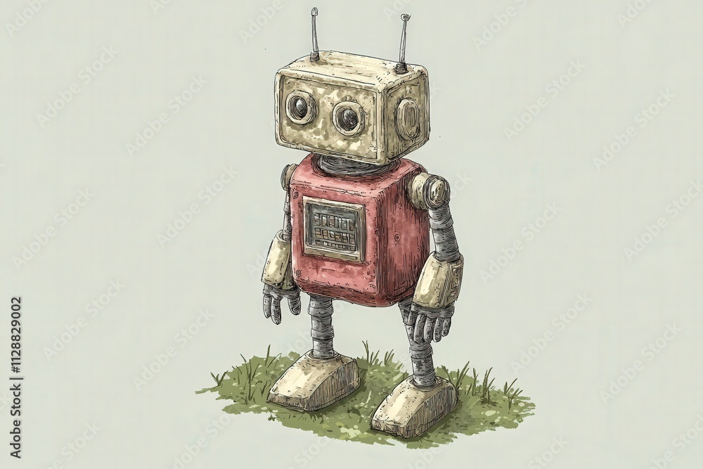 A charming vintage robot with a boxy head and wooden limbs stands on green grass. The design features retro elements and a playful expression, evoking nostalgia.