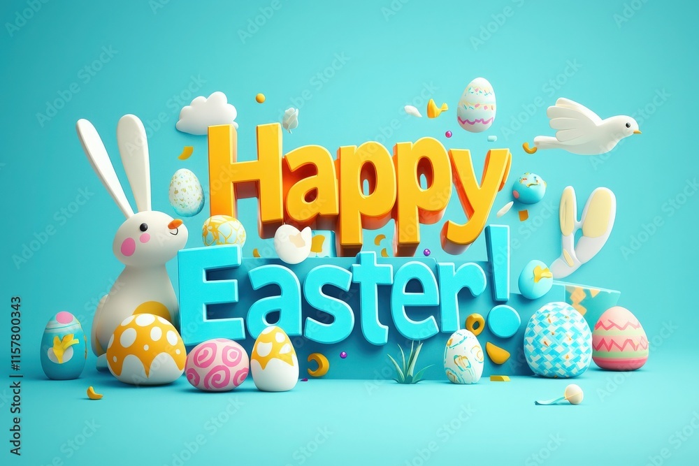 A cheerful Easter arrangement features a playful bunny, decorated eggs, and a white dove all against a bright blue background. Festive elements create a joyful spring atmosphere.