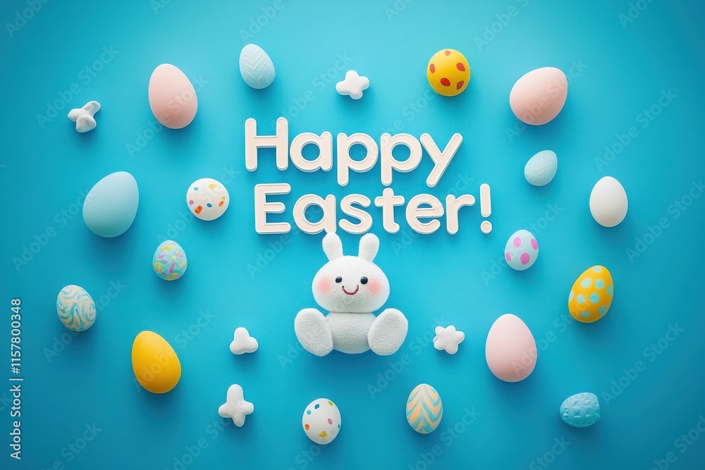 A cheerful Easter display featuring a soft bunny surrounded by various pastel-colored eggs and decorative shapes. The bright blue background adds a festive touch.