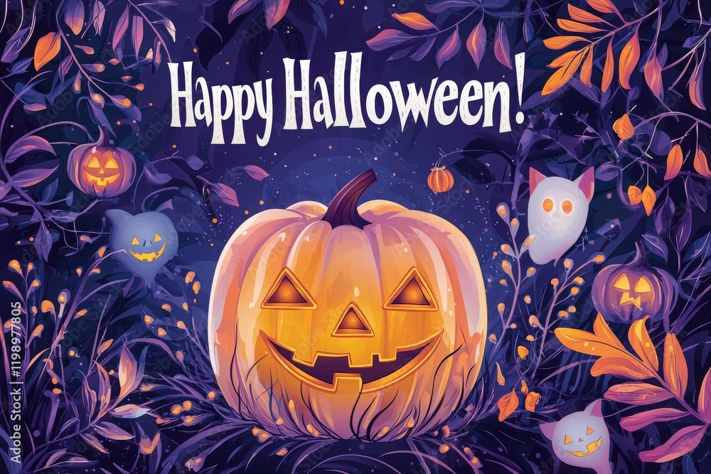 A cheerful Halloween decoration features a carved pumpkin with a happy face surrounded by ghosts and autumn foliage. The colorful design captures the spirit of the season at night.