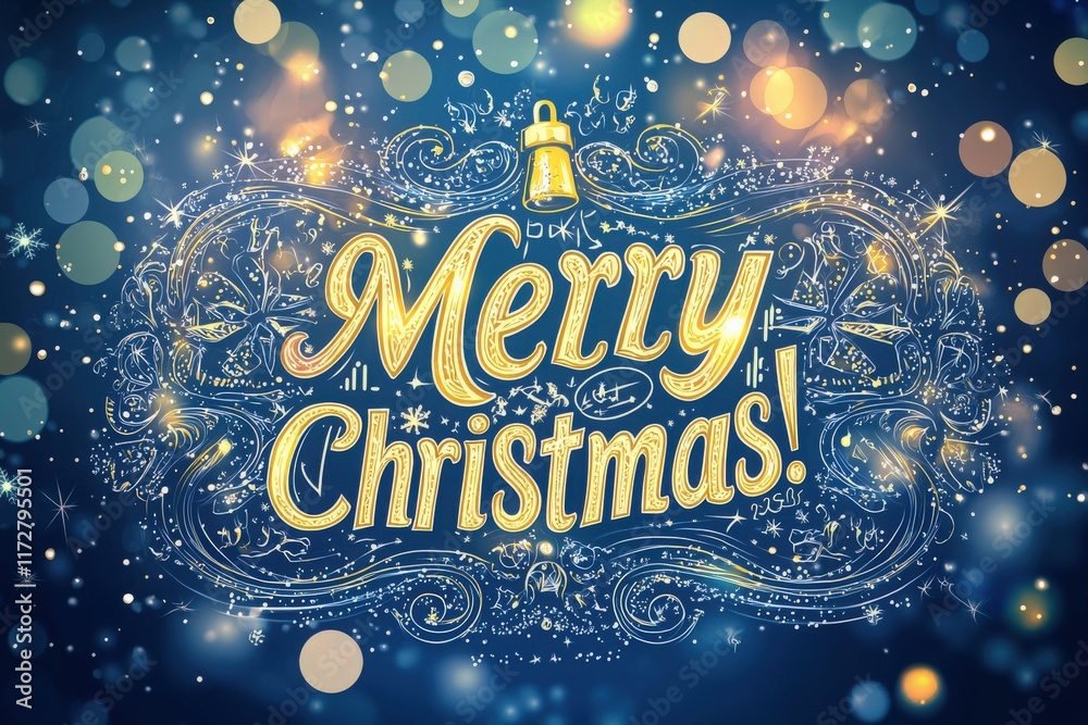 A cheerful Merry Christmas greeting features intricate designs with golden lettering. The background is filled with sparkling lights in various colors, creating a joyful holiday atmosphere.
