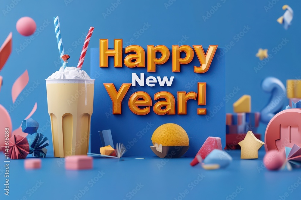 A cheerful arrangement featuring a delightful drink with cream, decorative elements, and a bright Happy New Year sign creates an inviting atmosphere for the celebration.