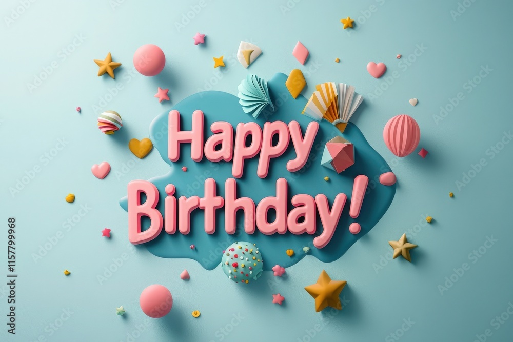 A cheerful arrangement of pastel-colored decorations celebrates a birthday. Elements include balloons, stars, and sweets around bold text that wishes a happy birthday in a fun, vibrant style.