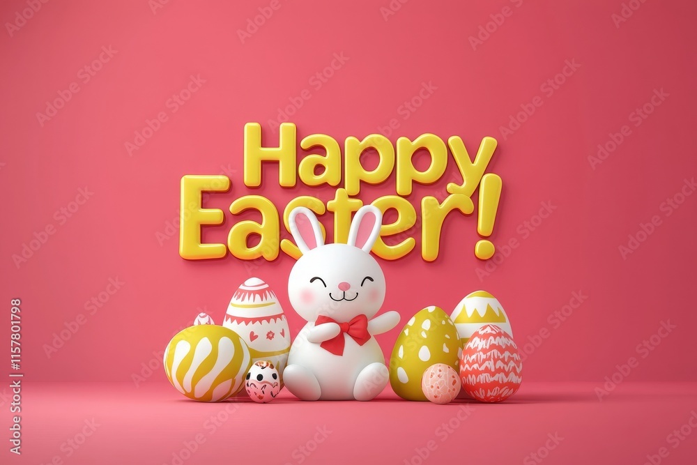 A cheerful bunny with a red bow sits next to vibrant decorated eggs. The background is pink, and the text Happy Easter! adds to the festive atmosphere, celebrating the holiday spirit.