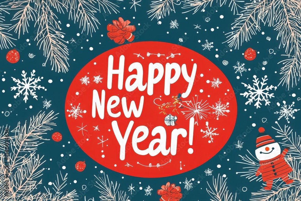 A cheerful design features snowflakes, ornaments, and a snowman, celebrating the new year. The vibrant colors and festive elements create a joyful atmosphere welcoming the upcoming year.