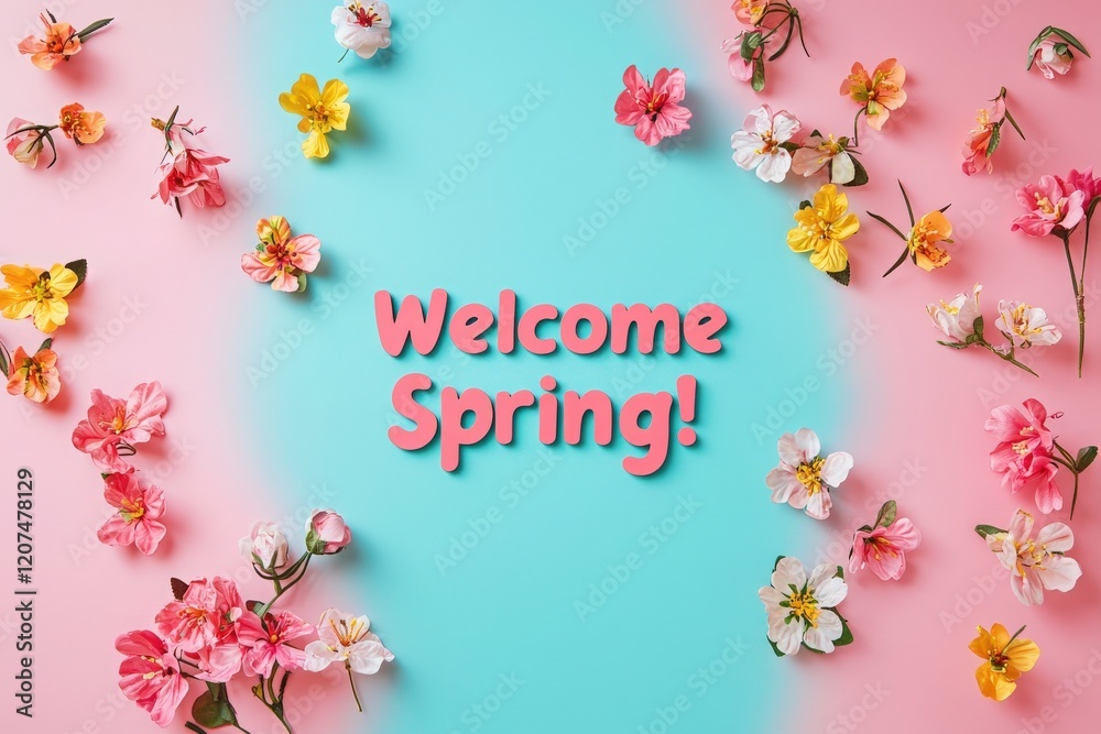 A cheerful display of various brightly colored flowers surrounds a welcoming spring message. The background features a gentle gradient of pink and blue, enhancing the vibrant atmosphere.