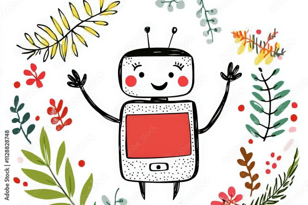 A cheerful robot character with a simple design and a smiling face stands among various colorful plants and leaves. The artistic style is friendly and inviting, enhancing the playful mood.