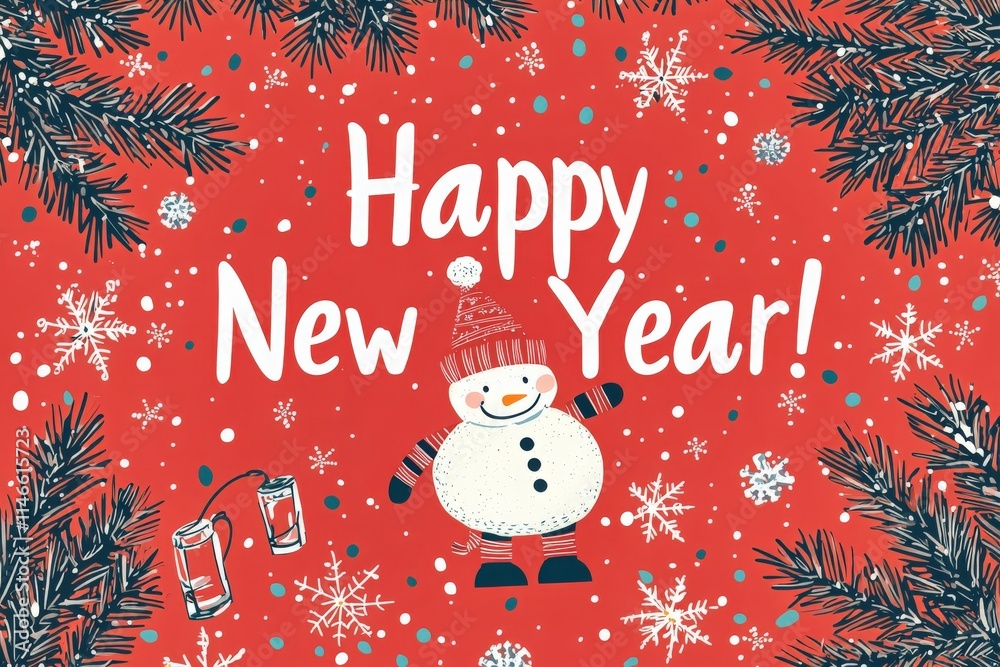 A cheerful snowman dressed in a red hat stands against a vibrant red background, surrounded by snowflakes and festive elements, conveying warm New Year wishes for all.