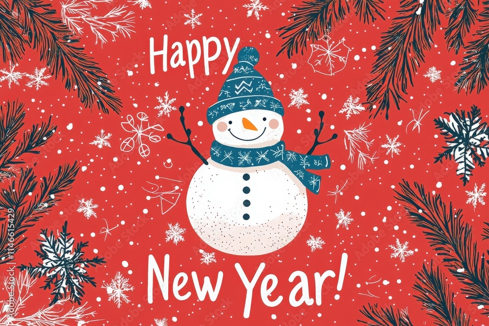 A cheerful snowman wearing a blue hat and scarf stands amidst falling snowflakes. The bright red background features white snowflakes and pine branches, creating a joyful New Year ambiance.