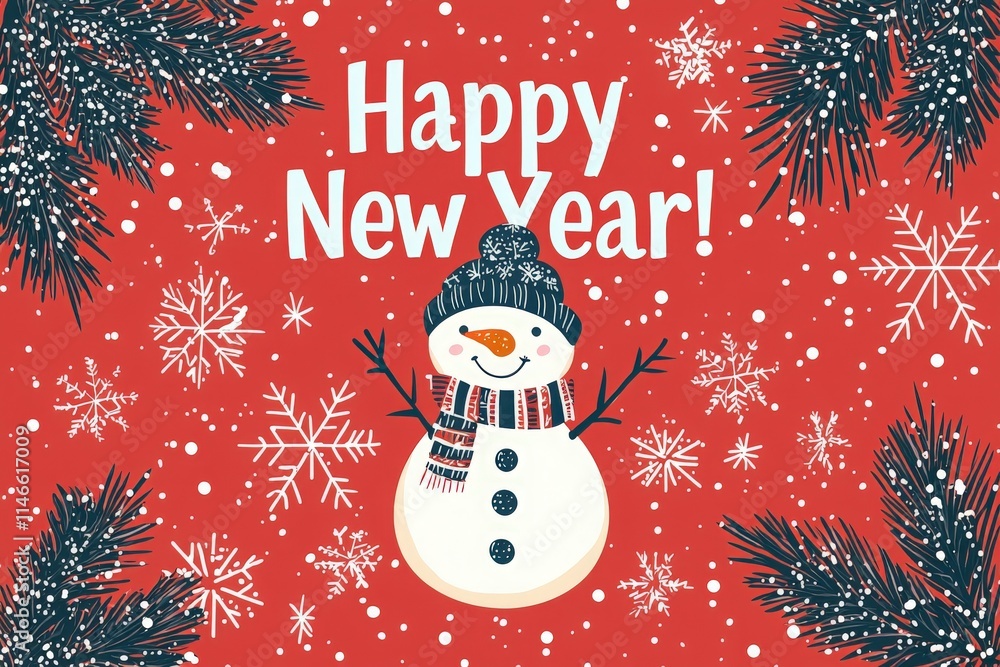 A cheerful snowman wearing a knitted hat and scarf stands against a bright red background. Snowflakes gently fall around him, framed by dark green pine branches, creating a festive New Year vibe.